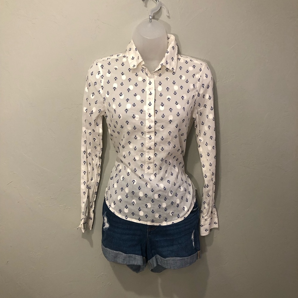 J. Crew Women's White and Blue Anchor Button-Up Shirt Size XXS